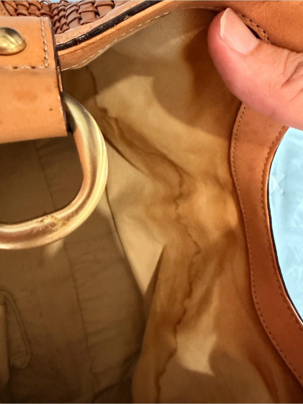 Cole Haan Woven Tan Leather Shoulder Bag with Gold-Tone Chain - Picture 12 of 15